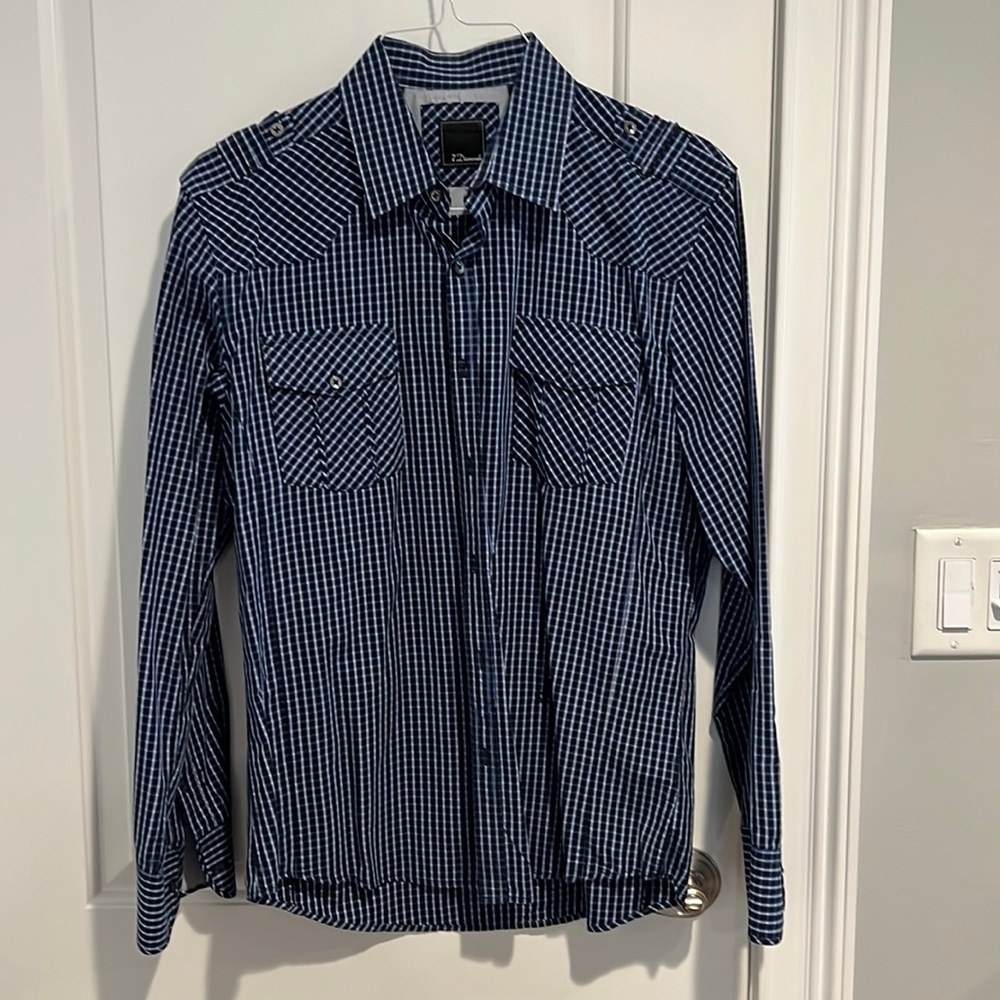 7Diamonds, Blue White Mens Dress Shirt, Size L